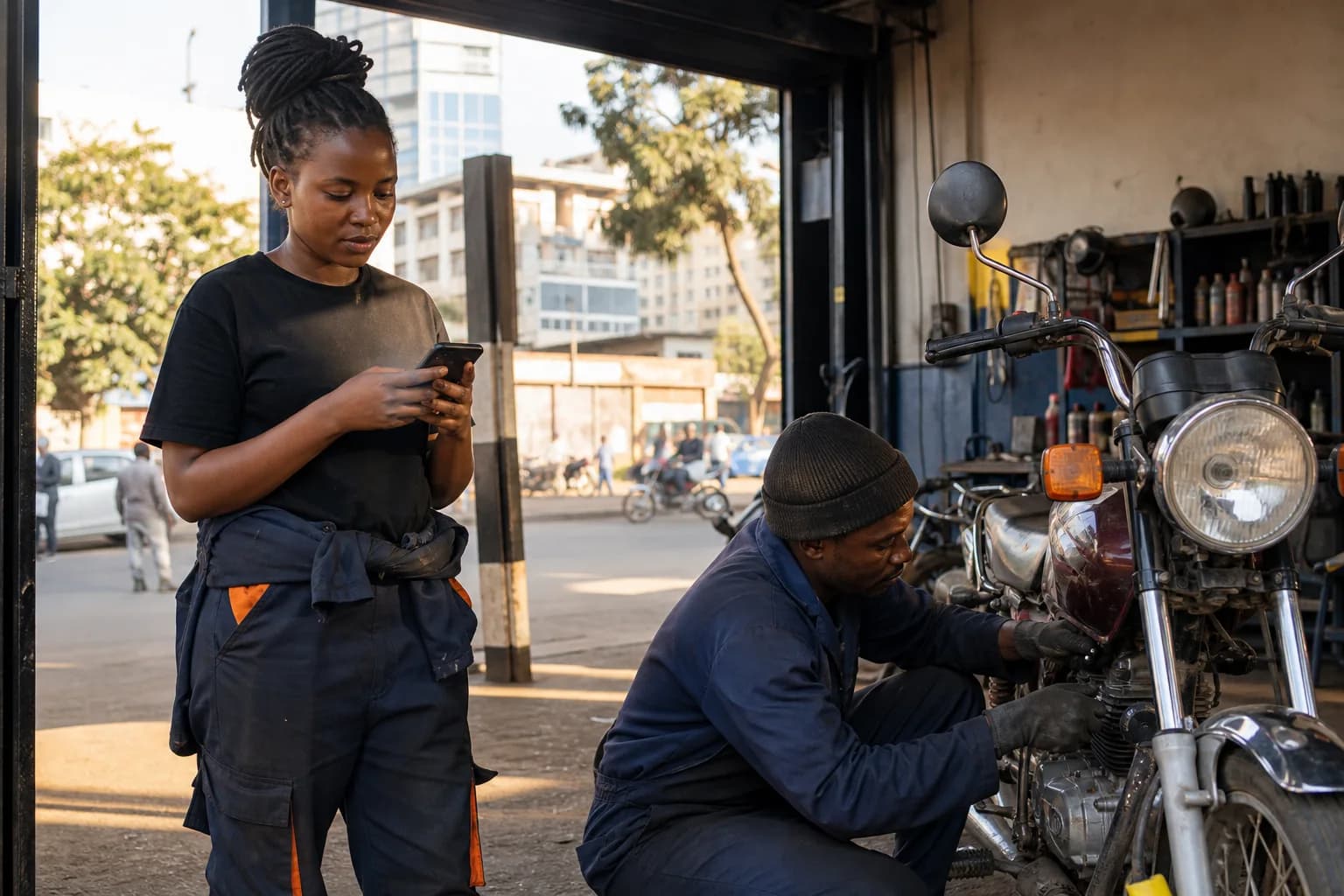 A woman using a phone beside a mechanic working on a motorcycle in a workshop